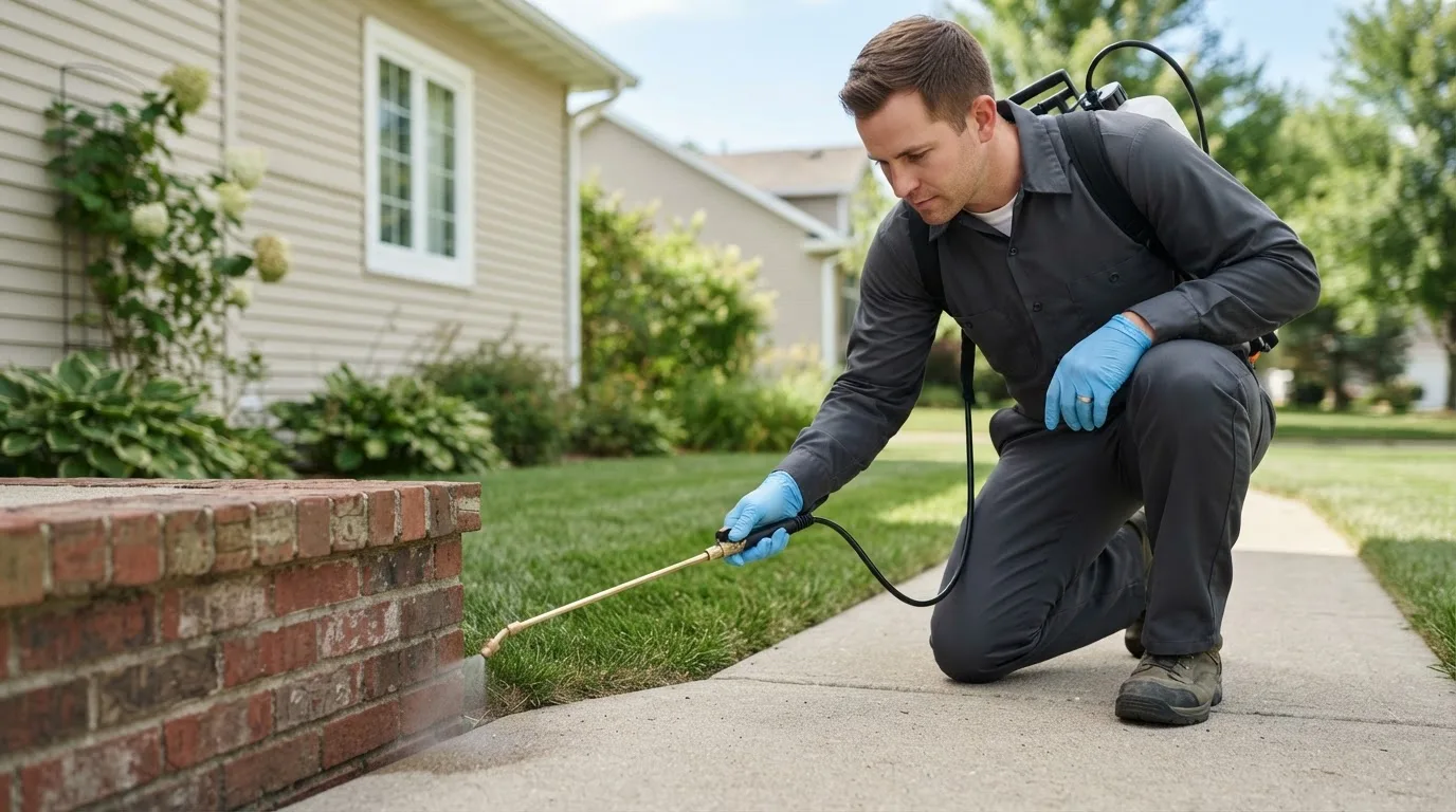 Pest control technician treating a home near Bogue, KS